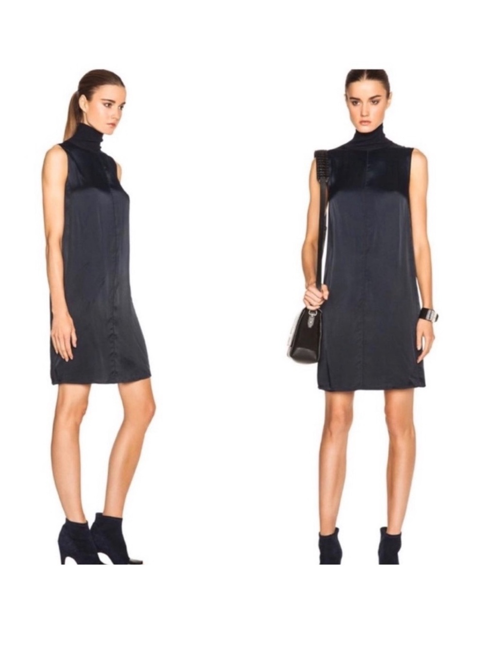 rag & bone Vivienne Turtleneck Silk Shift Dress Navy Merino Trim M